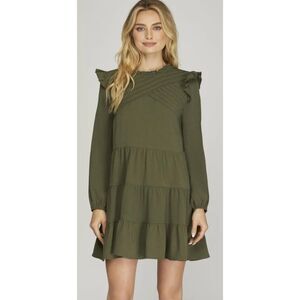 She + Sky Sage Pintuck Detail Tiered Skirt Woven Mini Dress in Olive Sz L